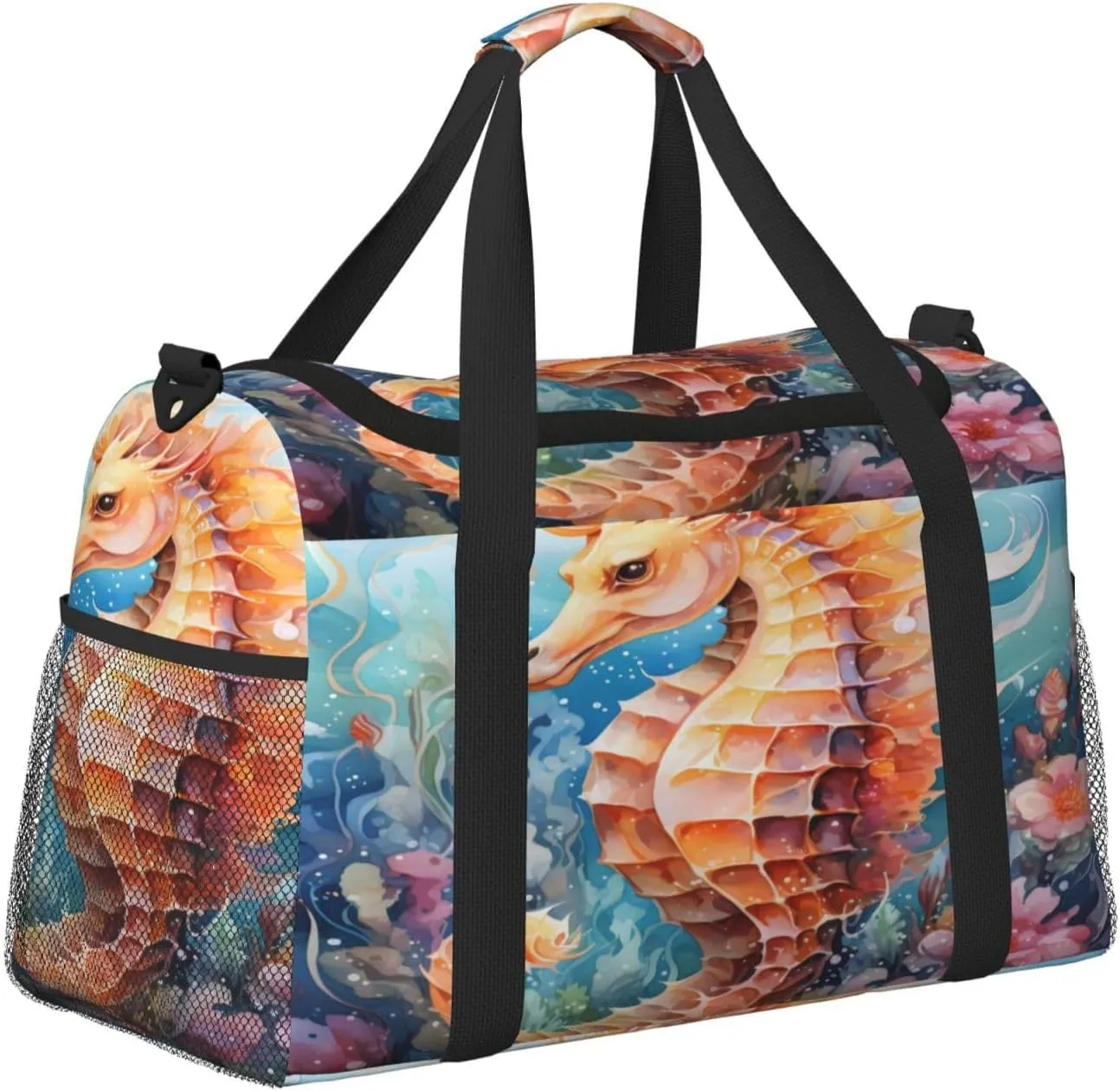 Travel Duffel Bag For Men Women, Seahorse Animal Sea Floral Carry On Sport Gym Bag With Shoulder Strap Lightweight Waterproof Weekender Bag Overnight Bag