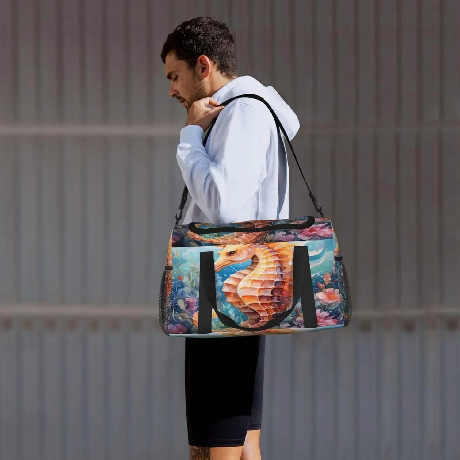 Travel Duffel Bag For Men Women, Seahorse Animal Sea Floral Carry On Sport Gym Bag With Shoulder Strap Lightweight Waterproof Weekender Bag Overnight Bag