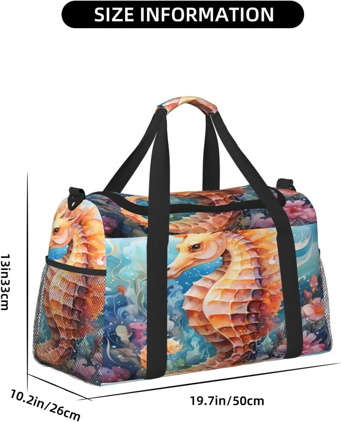 Travel Duffel Bag For Men Women, Seahorse Animal Sea Floral Carry On Sport Gym Bag With Shoulder Strap Lightweight Waterproof Weekender Bag Overnight Bag