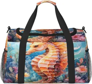 Travel Duffel Bag For Men Women, Seahorse Animal Sea Floral Carry On Sport Gym Bag With Shoulder Strap Lightweight Waterproof Weekender Bag Overnight Bag