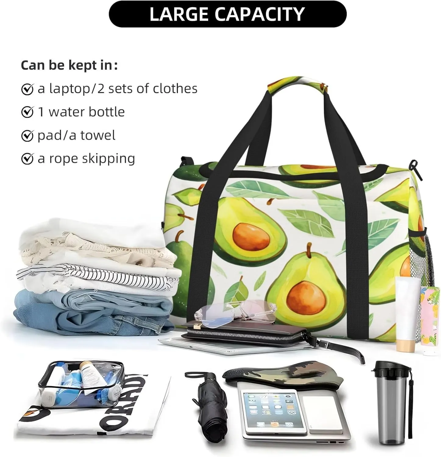 Travel Duffel Bag For Men Women, Tropical_Fruit Avocado Pattern Carry On Sport Gym Bag With Shoulder Strap Lightweight Waterproof Weekender Bag Overnight Bag