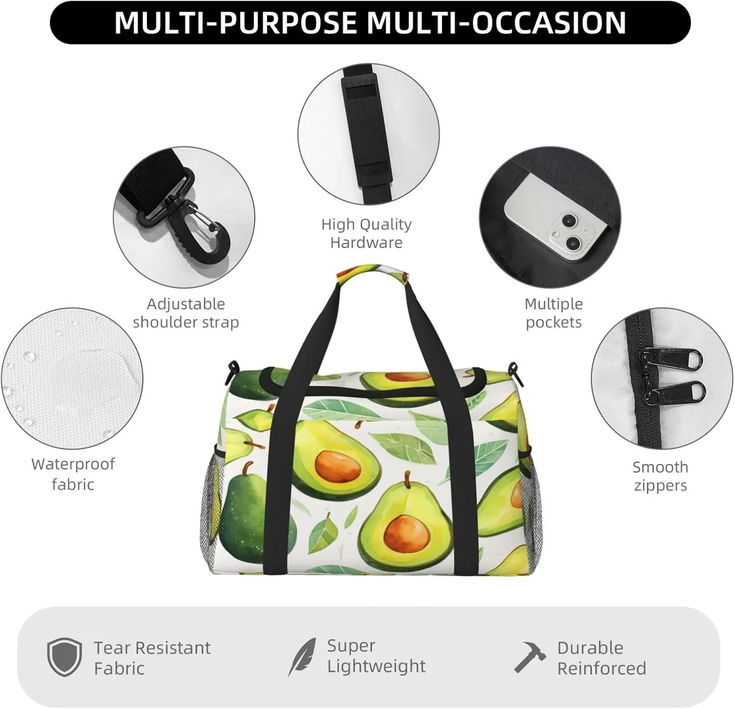 Travel Duffel Bag For Men Women, Tropical_Fruit Avocado Pattern Carry On Sport Gym Bag With Shoulder Strap Lightweight Waterproof Weekender Bag Overnight Bag