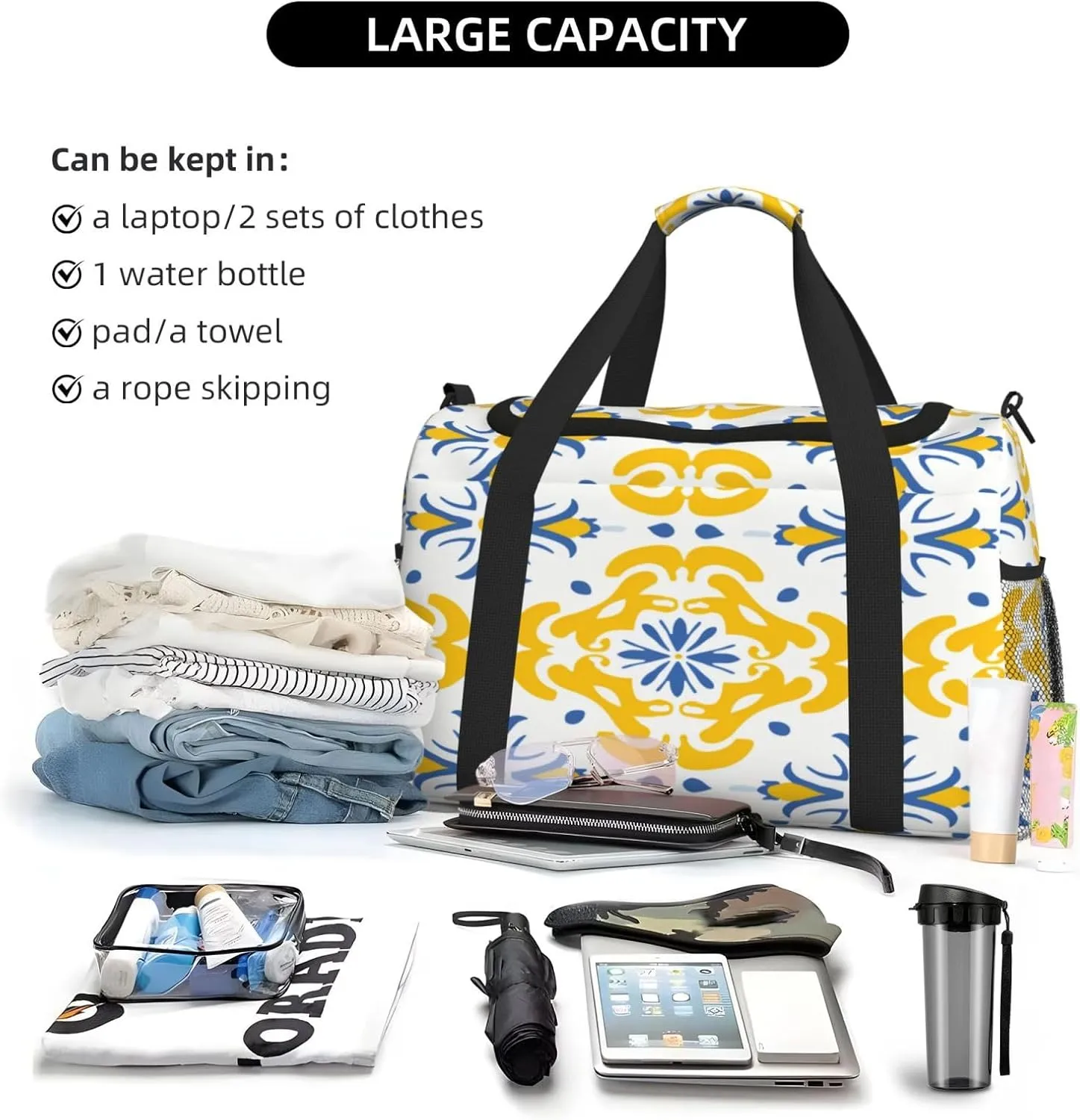 Travel Duffel Bag For Men Women, Yellow Ikat Moroccan Floral Tiles Pattern Carry On Sport Gym Bag With Shoulder Strap Lightweight Waterproof Weekender Bag Overnight Bag