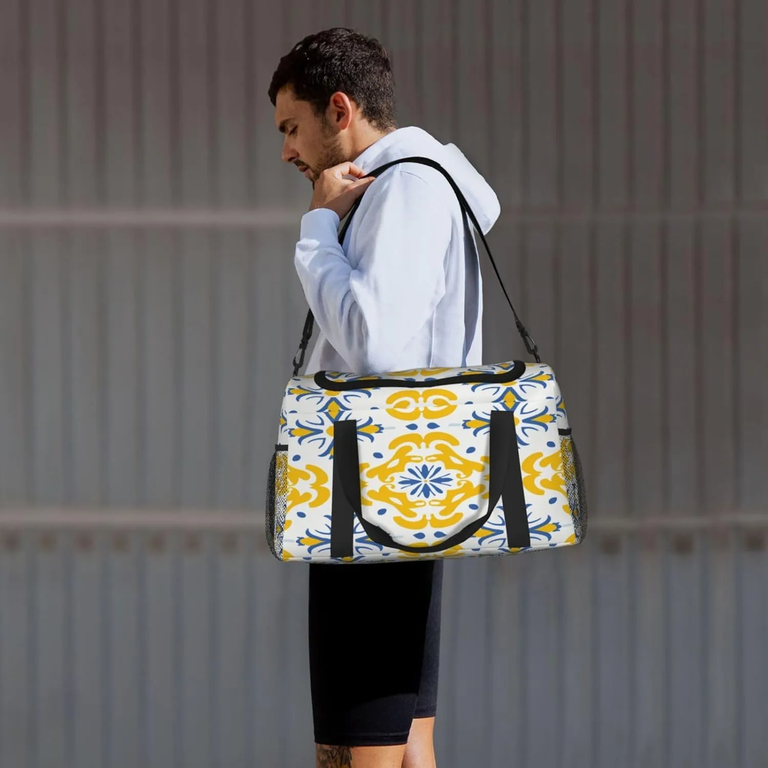Travel Duffel Bag For Men Women, Yellow Ikat Moroccan Floral Tiles Pattern Carry On Sport Gym Bag With Shoulder Strap Lightweight Waterproof Weekender Bag Overnight Bag