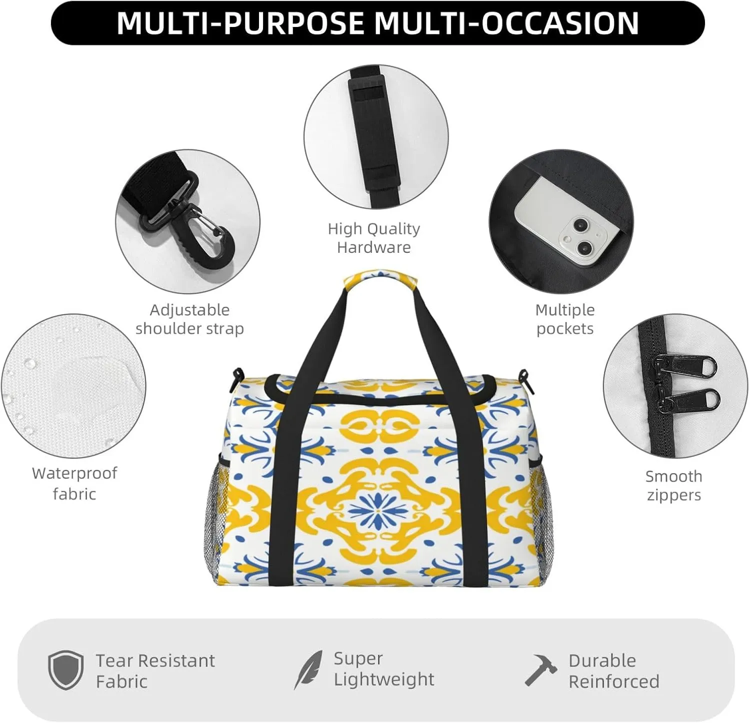 Travel Duffel Bag For Men Women, Yellow Ikat Moroccan Floral Tiles Pattern Carry On Sport Gym Bag With Shoulder Strap Lightweight Waterproof Weekender Bag Overnight Bag