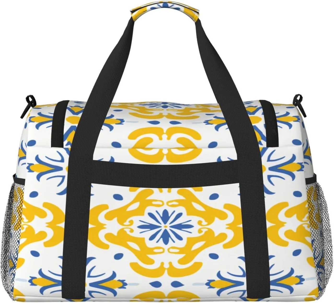 Travel Duffel Bag For Men Women, Yellow Ikat Moroccan Floral Tiles Pattern Carry On Sport Gym Bag With Shoulder Strap Lightweight Waterproof Weekender Bag Overnight Bag