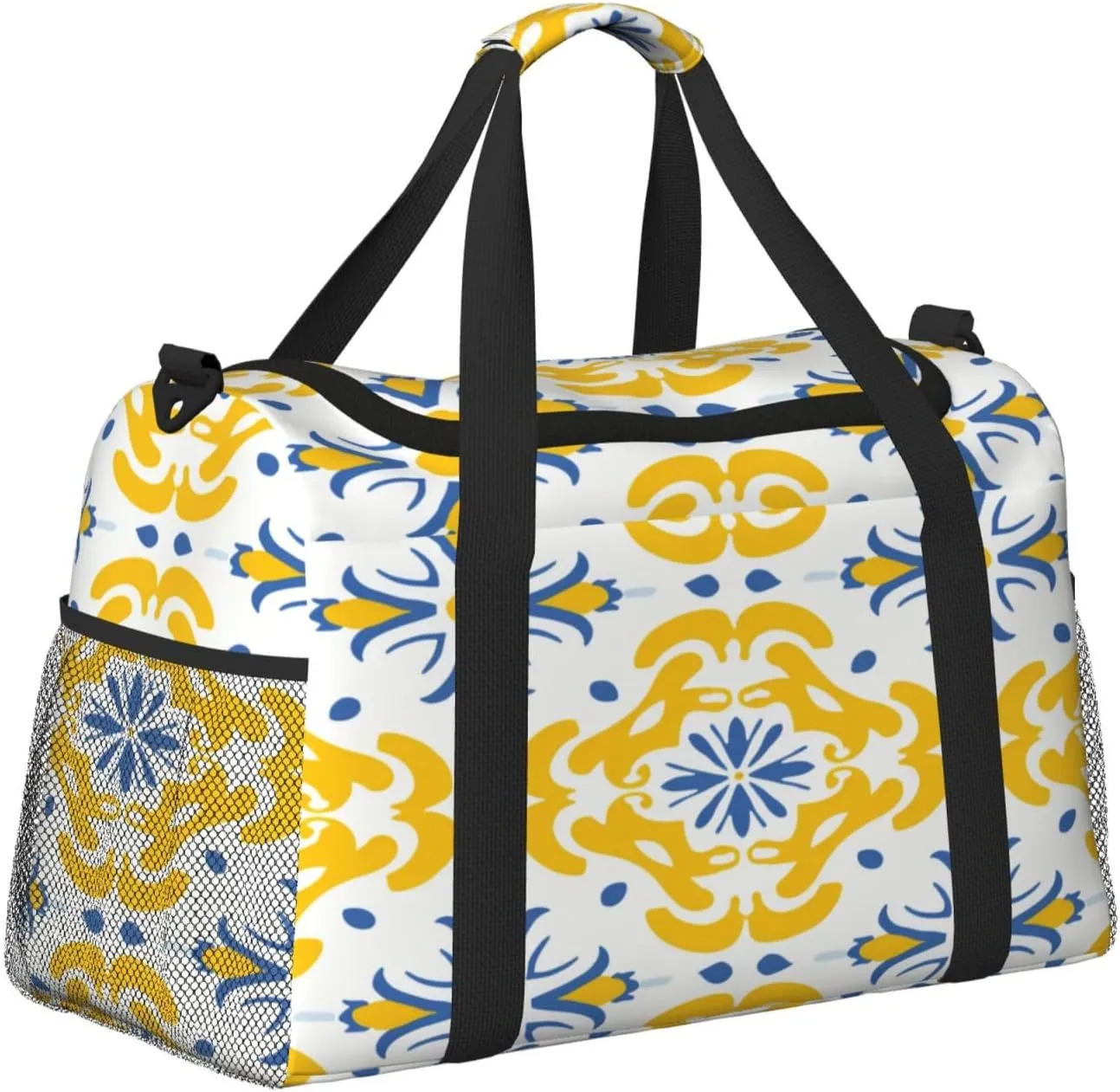 Travel Duffel Bag For Men Women, Yellow Ikat Moroccan Floral Tiles Pattern Carry On Sport Gym Bag With Shoulder Strap Lightweight Waterproof Weekender Bag Overnight Bag