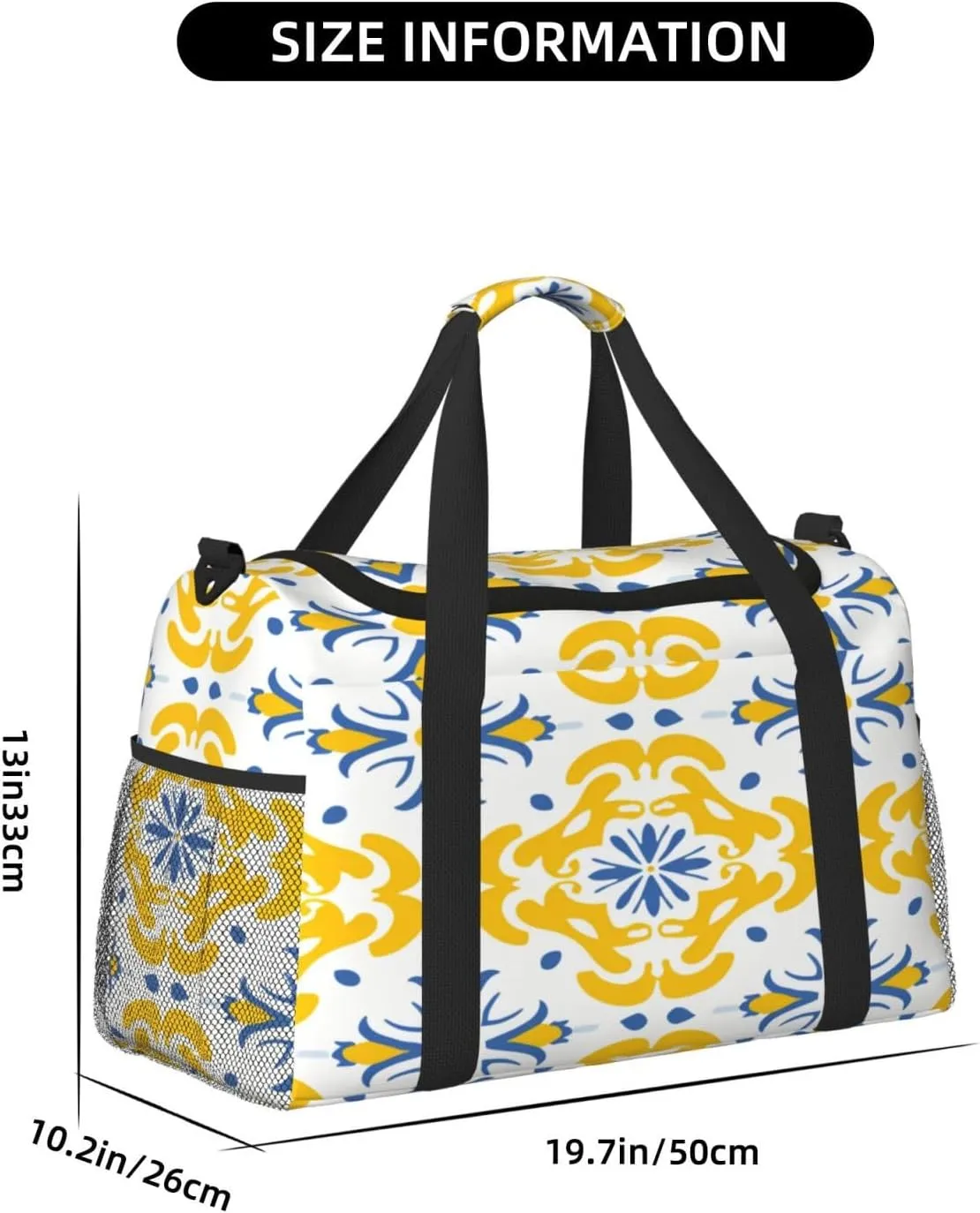 Travel Duffel Bag For Men Women, Yellow Ikat Moroccan Floral Tiles Pattern Carry On Sport Gym Bag With Shoulder Strap Lightweight Waterproof Weekender Bag Overnight Bag