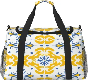 Travel Duffel Bag For Men Women, Yellow Ikat Moroccan Floral Tiles Pattern Carry On Sport Gym Bag With Shoulder Strap Lightweight Waterproof Weekender Bag Overnight Bag