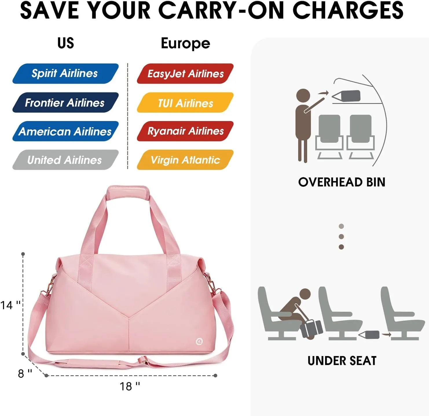 Travel Duffel Bag, For Spirit Airlines Personal Item Bag 18x14x8 Weekender Overnight Bag with TSA Approved Quart Size Bag & Shoes Bag, Underseat Carry-on Luggage for Women (Pink)