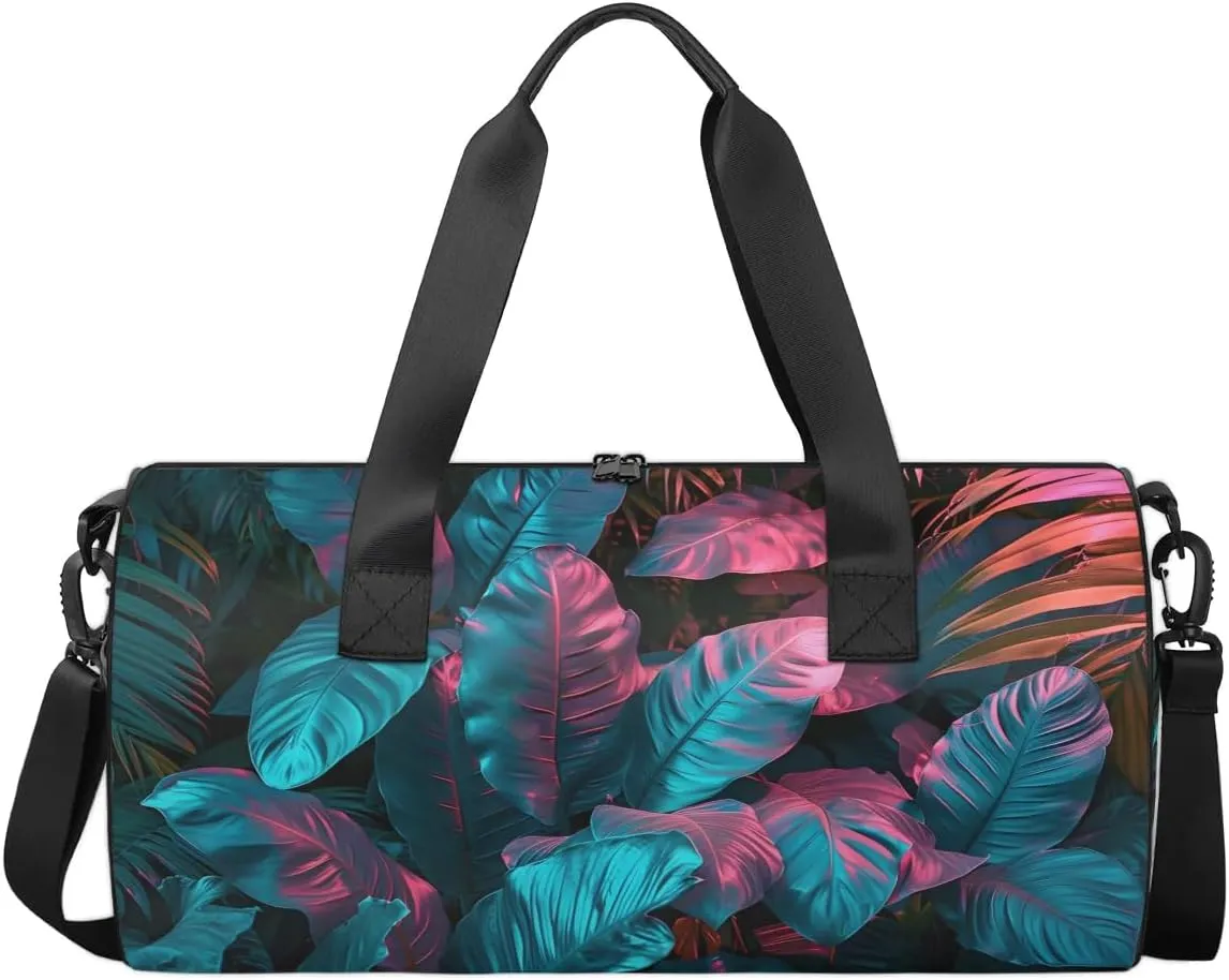 Travel Duffel Bag Neon Palm Leaves Sports Gym Bag for Womens Mens, Waterproof Weekend Overnight Bag Lightweight Carry on Bag for Airplanes Yoga Dance Beach Swim Hospital Holdalls,A-1313