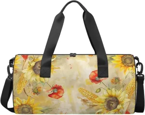 Travel Duffel Bag Poppy Sunflowers Corn Sports Gym Bag for Womens Mens, Waterproof Weekend Overnight Bag Lightweight Carry on Bag for Airplanes Yoga Dance Beach Swim Hospital Holdalls,A-1181