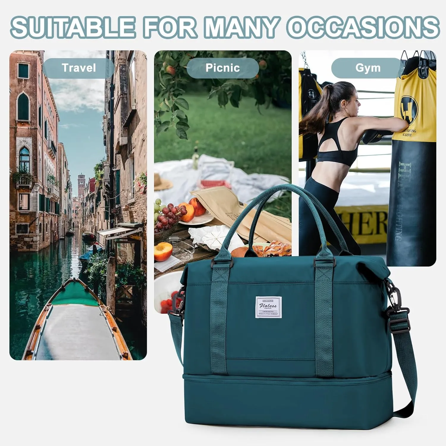 Travel Duffel Bag, Sports Tote Gym Bag, Shoulder Weekender Overnight Bag for Women