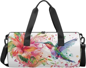 Travel Duffel Bag Watercolor Flower Hummingbird Sports Gym Bag for Womens Mens, Waterproof Weekend Overnight Bag Lightweight Carry on Bag for Airplanes Dance Beach Swim Hospital Holdalls,A-1303