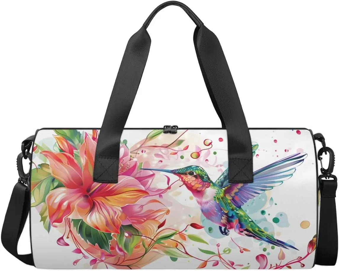 Travel Duffel Bag Watercolor Flower Hummingbird Sports Gym Bag for Womens Mens, Waterproof Weekend Overnight Bag Lightweight Carry on Bag for Airplanes Dance Beach Swim Hospital Holdalls,A-1303