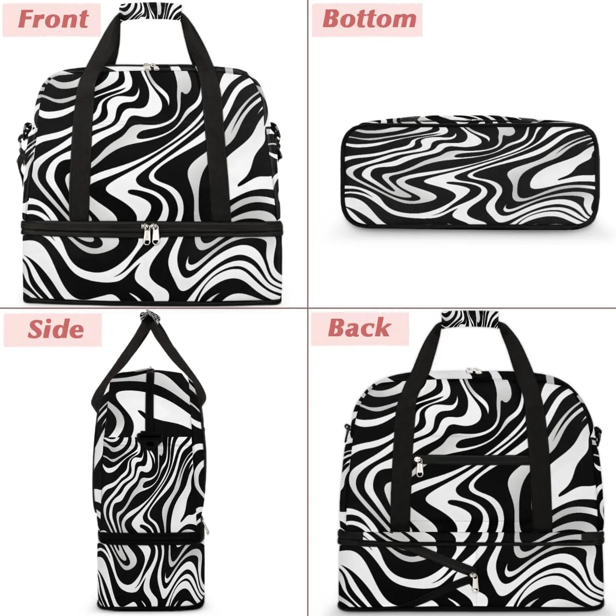 Travel Duffel Bags Zebra Print Foldable Weekender Bags for Women with Shoes Compartment Waterproof & Tear Resistant Carry on Overnight Luggage Duffel Bag Shoulder Sports Tote Bag