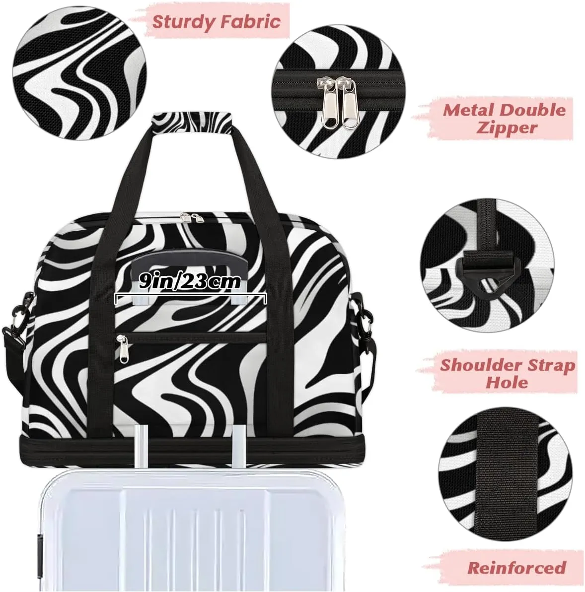Travel Duffel Bags Zebra Print Foldable Weekender Bags for Women with Shoes Compartment Waterproof & Tear Resistant Carry on Overnight Luggage Duffel Bag Shoulder Sports Tote Bag