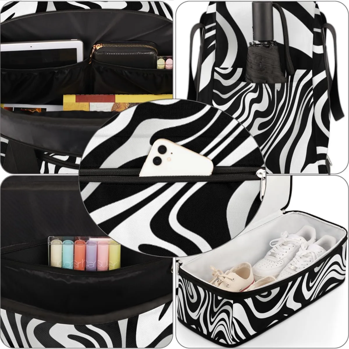 Travel Duffel Bags Zebra Print Foldable Weekender Bags for Women with Shoes Compartment Waterproof & Tear Resistant Carry on Overnight Luggage Duffel Bag Shoulder Sports Tote Bag