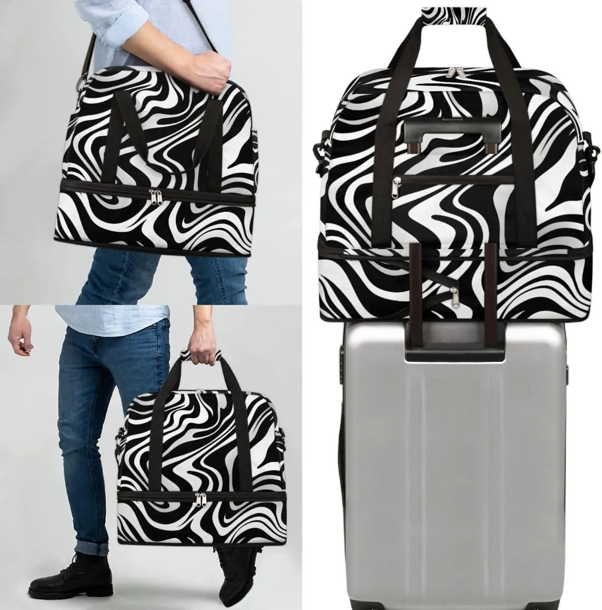 Travel Duffel Bags Zebra Print Foldable Weekender Bags for Women with Shoes Compartment Waterproof & Tear Resistant Carry on Overnight Luggage Duffel Bag Shoulder Sports Tote Bag