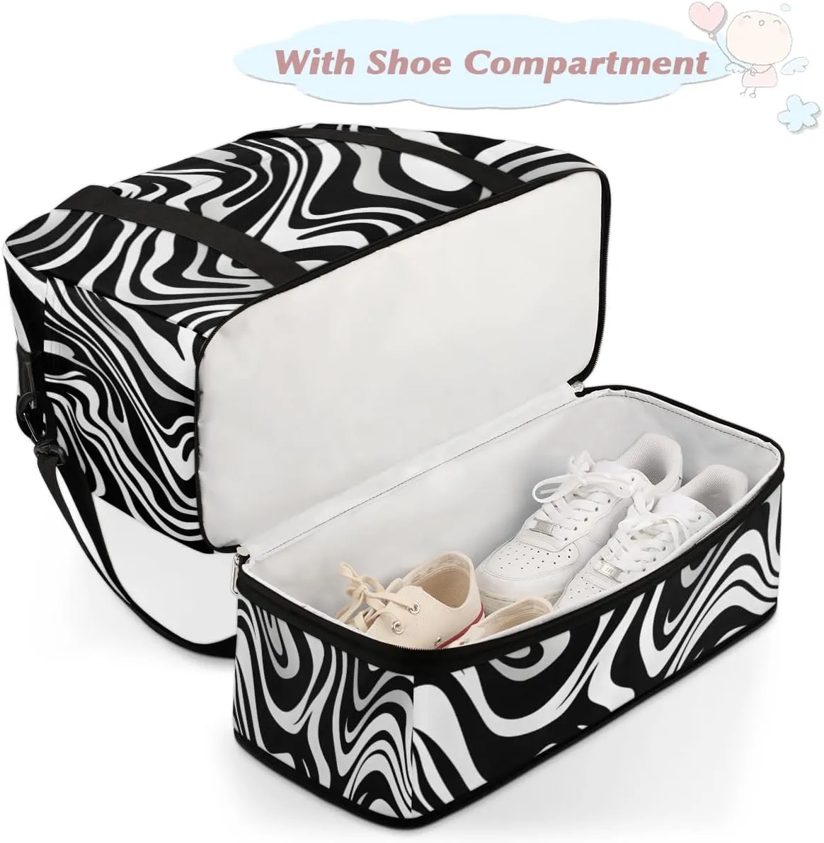 Travel Duffel Bags Zebra Print Foldable Weekender Bags for Women with Shoes Compartment Waterproof & Tear Resistant Carry on Overnight Luggage Duffel Bag Shoulder Sports Tote Bag