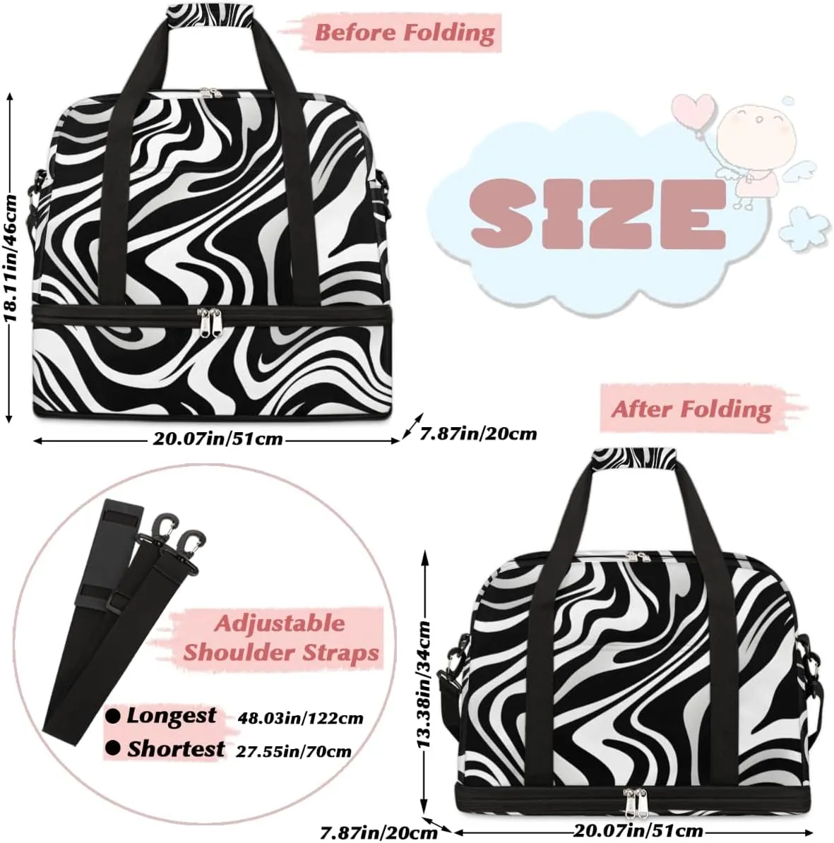 Travel Duffel Bags Zebra Print Foldable Weekender Bags for Women with Shoes Compartment Waterproof & Tear Resistant Carry on Overnight Luggage Duffel Bag Shoulder Sports Tote Bag