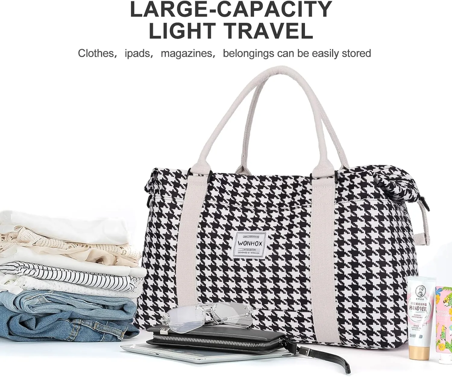Travel Duffel Bag,Waterproof Duffel Gym Tote Bag Personal Item Bag,Large Sports Weekender Carry On Overnight Bags for Women with Wet Pocket,Duffel Hospital Bag,Houndstooth Black