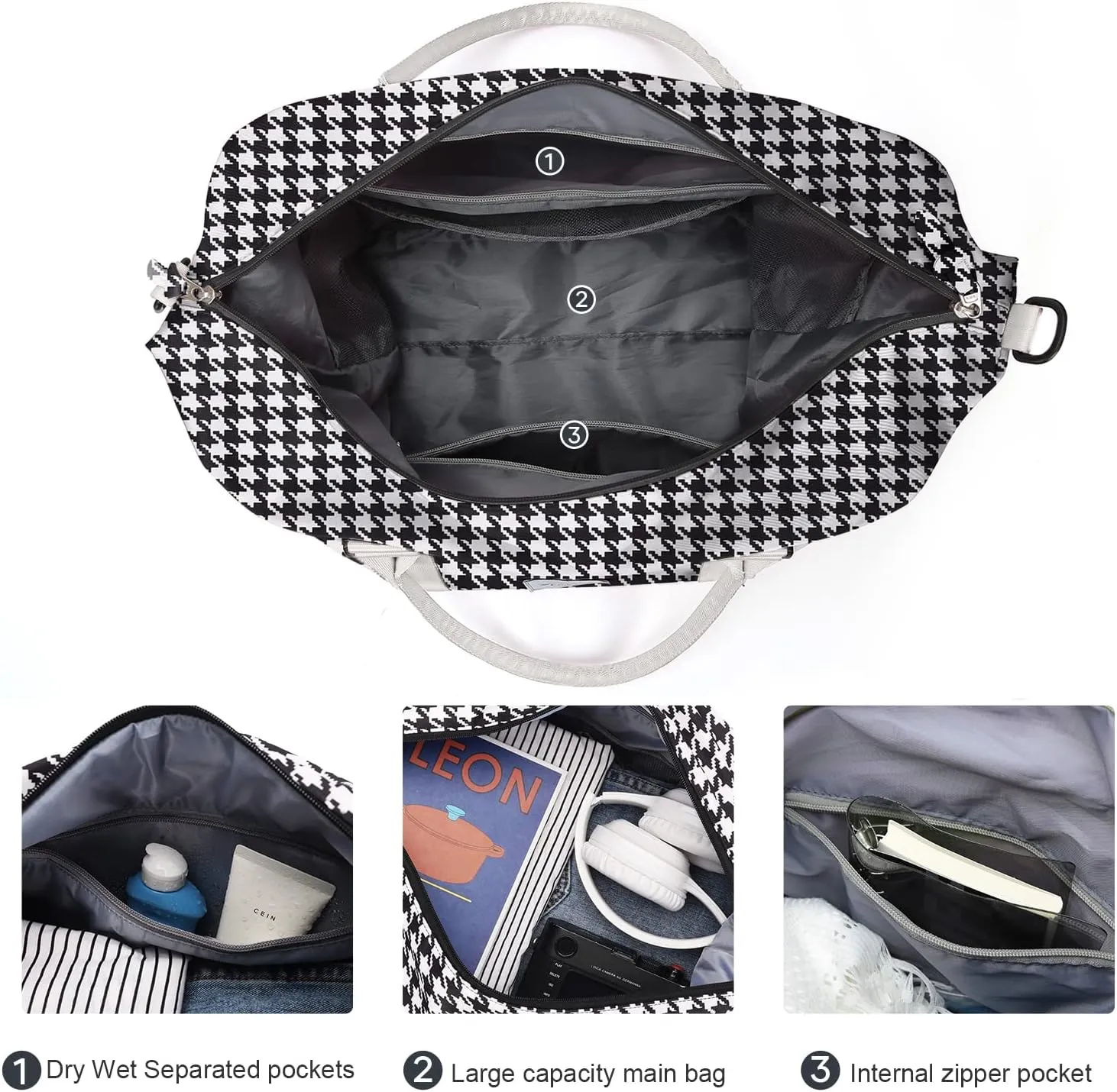 Travel Duffel Bag,Waterproof Duffel Gym Tote Bag Personal Item Bag,Large Sports Weekender Carry On Overnight Bags for Women with Wet Pocket,Duffel Hospital Bag,Houndstooth Black