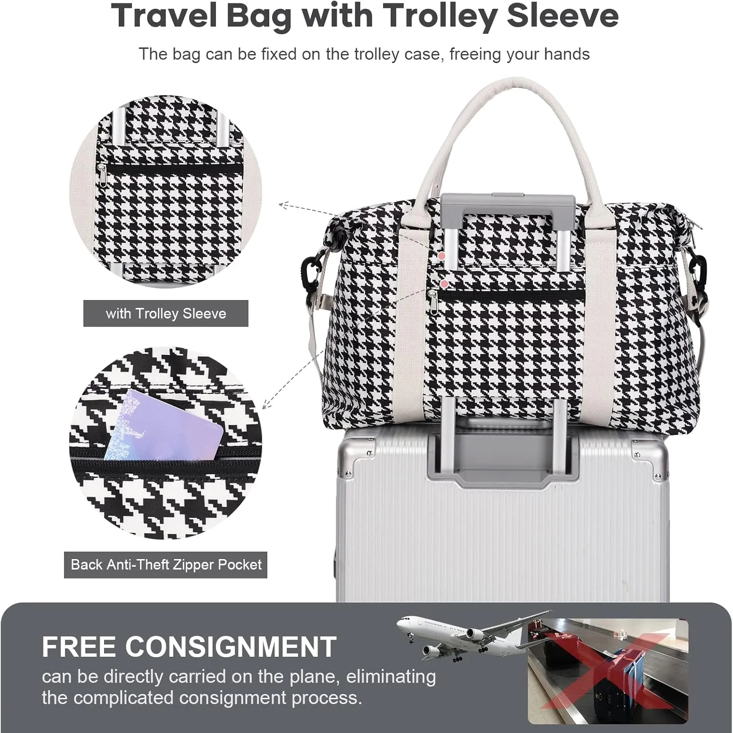 Travel Duffel Bag,Waterproof Duffel Gym Tote Bag Personal Item Bag,Large Sports Weekender Carry On Overnight Bags for Women with Wet Pocket,Duffel Hospital Bag,Houndstooth Black