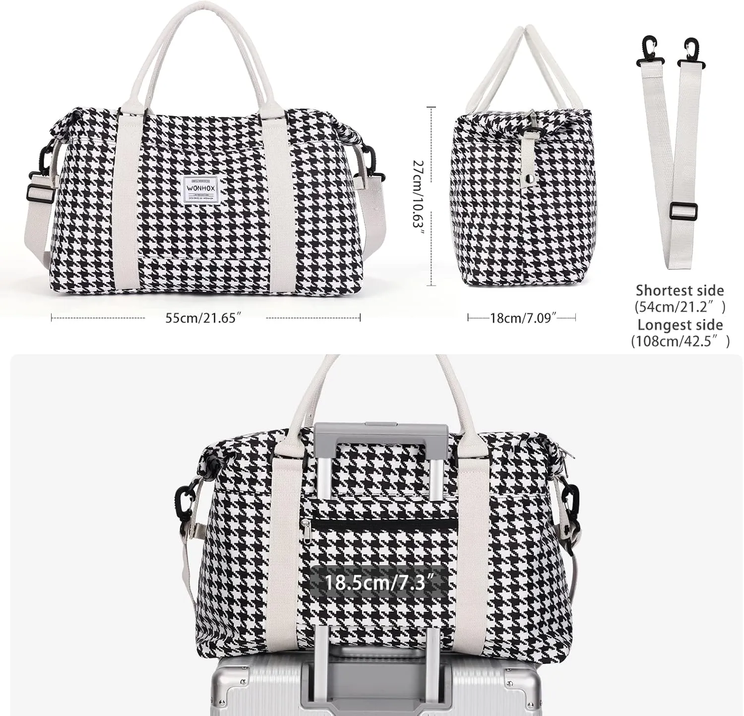 Travel Duffel Bag,Waterproof Duffel Gym Tote Bag Personal Item Bag,Large Sports Weekender Carry On Overnight Bags for Women with Wet Pocket,Duffel Hospital Bag,Houndstooth Black