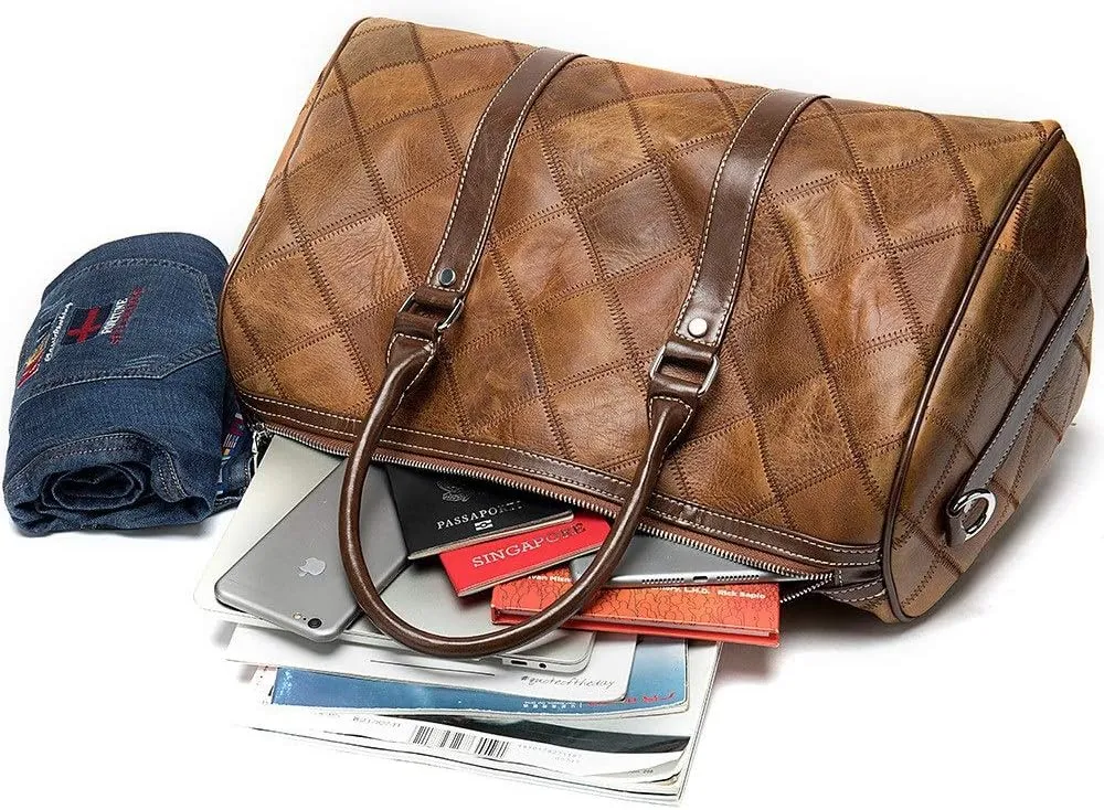 Travel Duffels Geometric Rhombus Pattern Retro Cowhide Leather Large Capacity Luggage Handbag Gym Sports Overnight Weekend Bag Sports Overnight Gym Luggage Weekend T(Light Coffee)