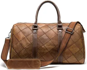 Travel Duffels Geometric Rhombus Pattern Retro Cowhide Leather Large Capacity Luggage Handbag Gym Sports Overnight Weekend Bag Sports Overnight Gym Luggage Weekend T(Light Coffee)