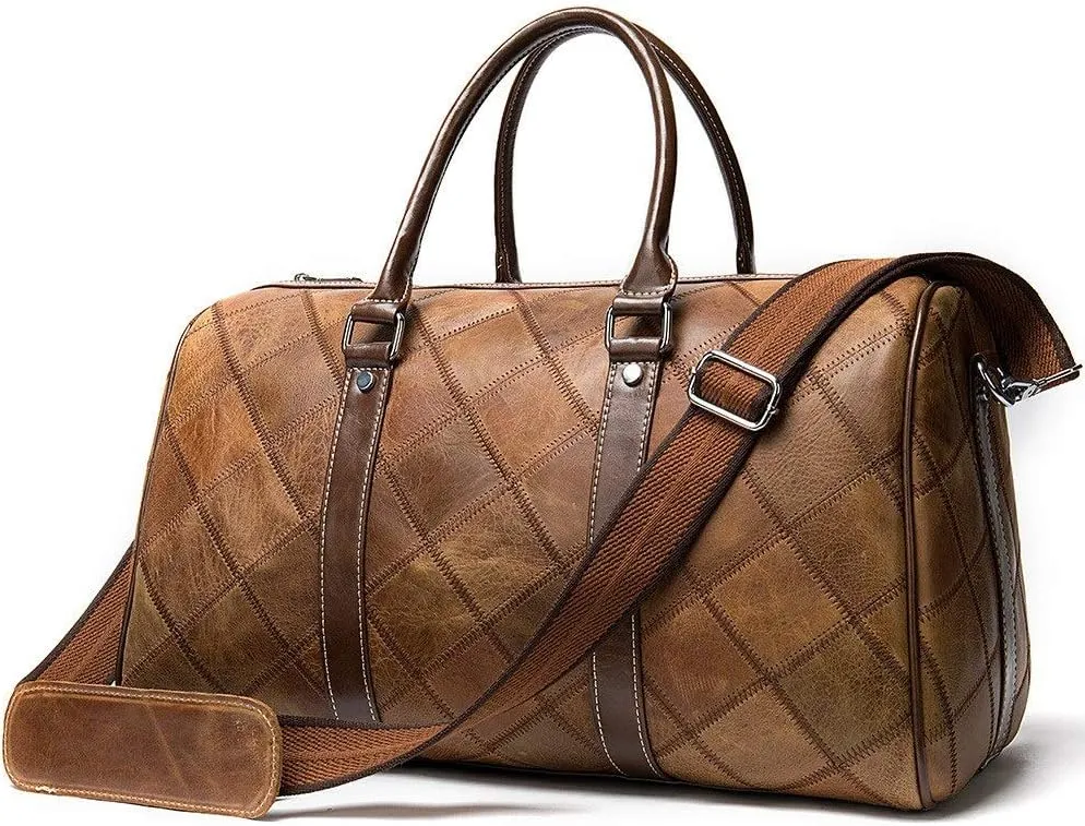 Travel Duffels Geometric Rhombus Pattern Retro Cowhide Leather Large Capacity Luggage Handbag Gym Sports Overnight Weekend Bag Sports Overnight Gym Luggage Weekend T(Light Coffee)
