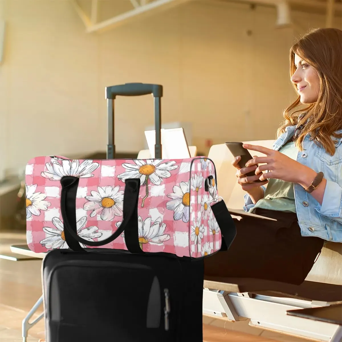 Travel Duffle Bag Daisy Plaids Gym Bags for Men Women Travel Duffel Bags with Adjustable Shoulder Strap Carry On Weekender Bag