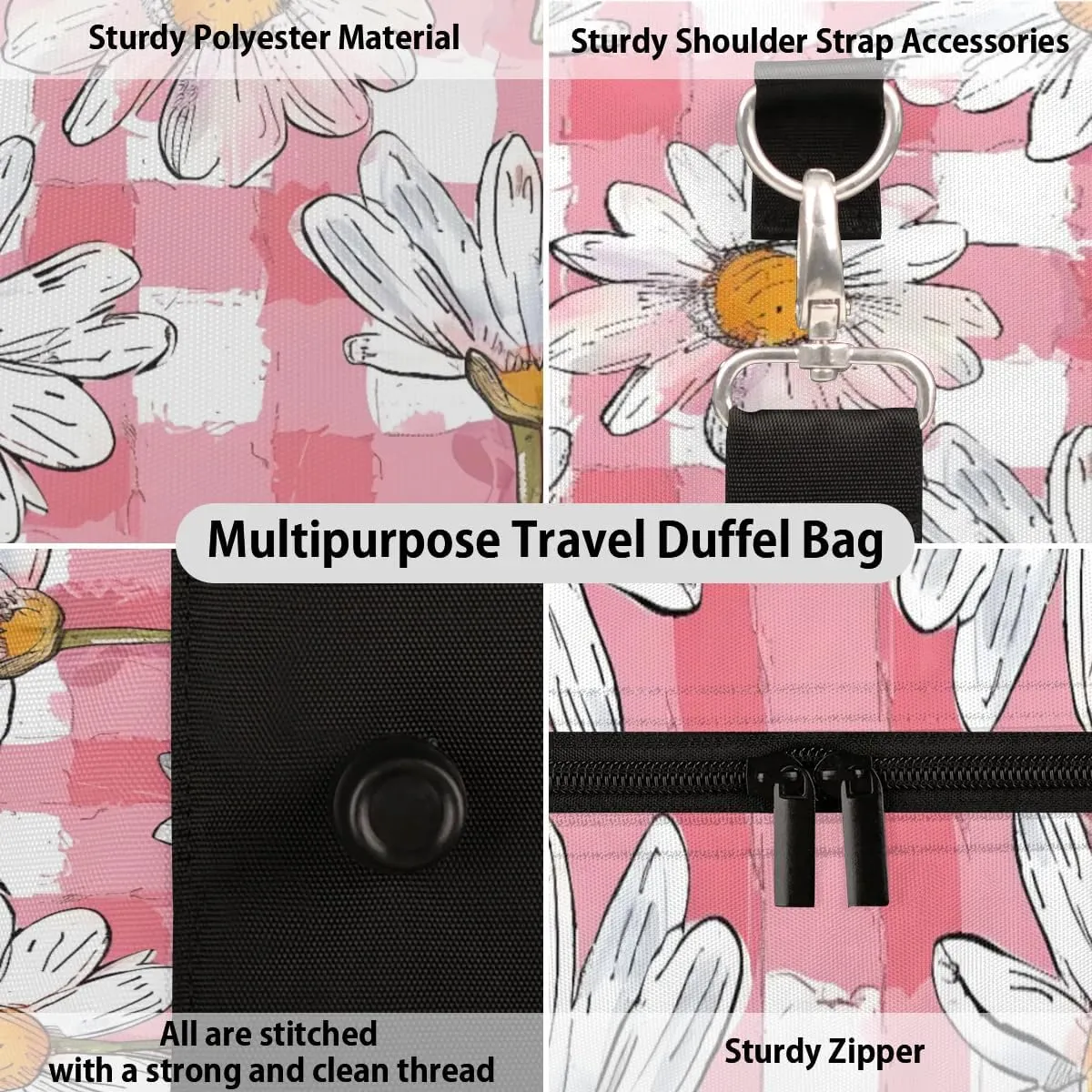 Travel Duffle Bag Daisy Plaids Gym Bags for Men Women Travel Duffel Bags with Adjustable Shoulder Strap Carry On Weekender Bag