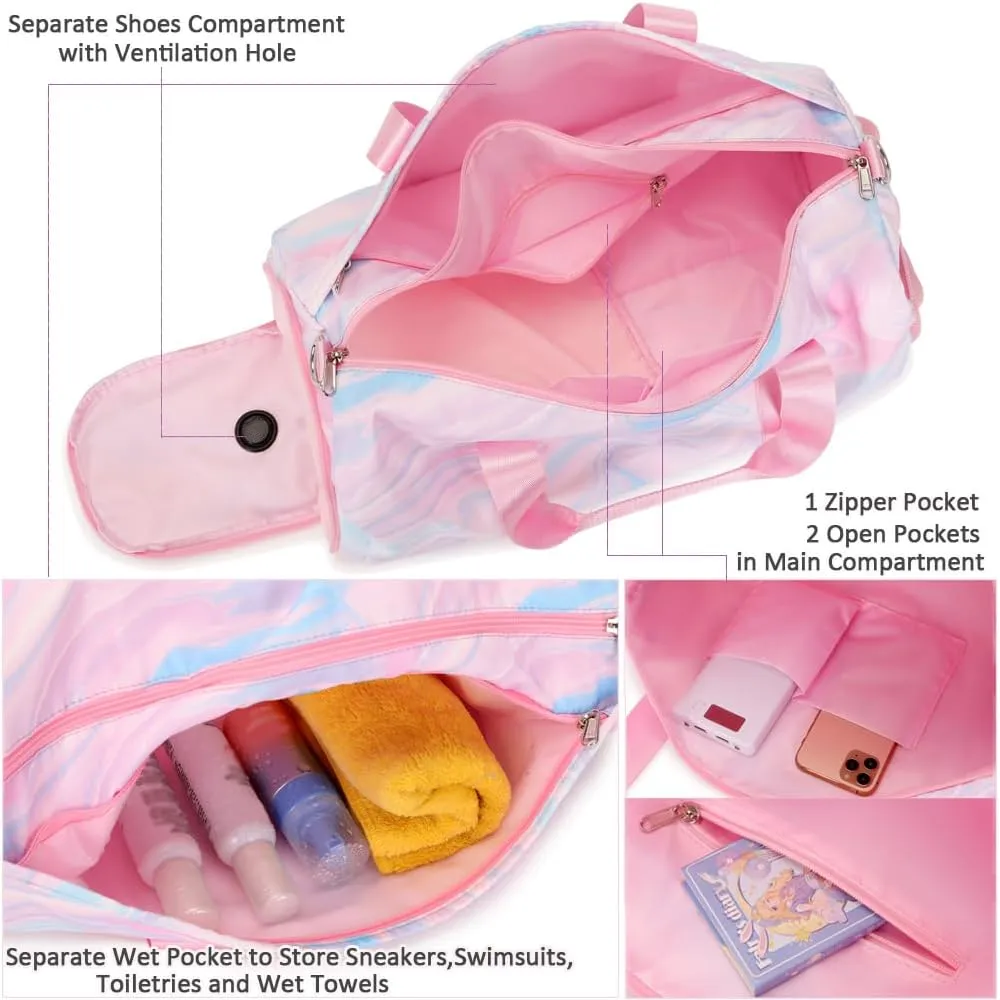 Travel Duffle Bag for Girls - Water Resistant Overnight Weekend Carry On Sports Gym Dance Bag with Shoe Compartment