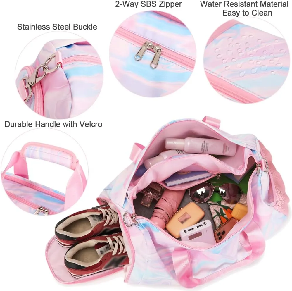 Travel Duffle Bag for Girls - Water Resistant Overnight Weekend Carry On Sports Gym Dance Bag with Shoe Compartment