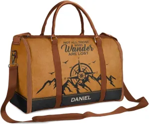 Travel Duffle Bag - Personalized Leather Foldable Travel Bag First Bump, Gifts For Dad, Mom On Father's Day, Christmas, Birthday (Fabric, Not All Those Who Wander Are Lost Brown)