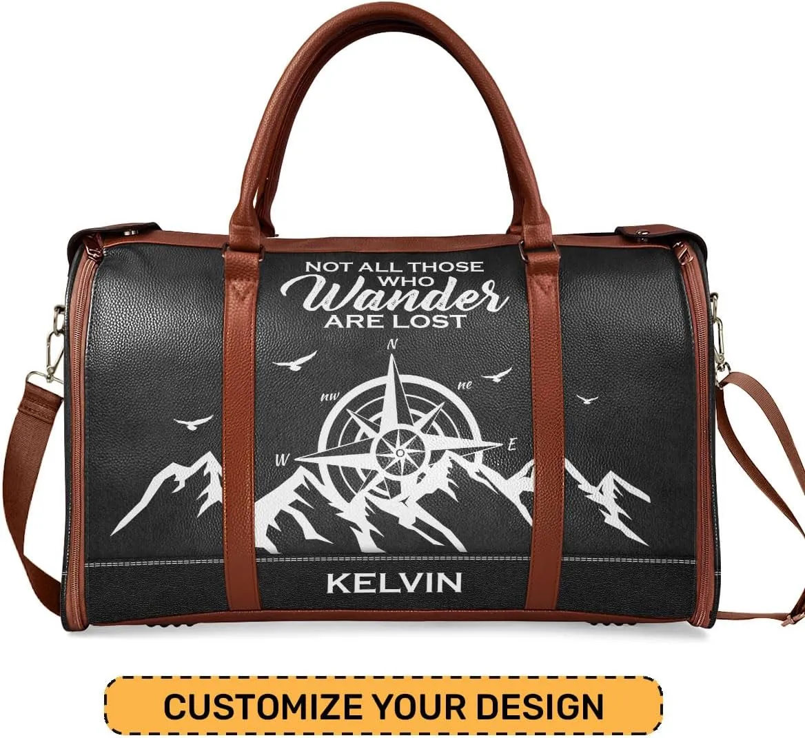 Travel Duffle Bag - Personalized Leather Foldable Travel Bag First Bump, Gifts For Dad, Mom On Father's Day, Christmas, Birthday (Fabric, Not All Those Who Wander Are Lost Brown)