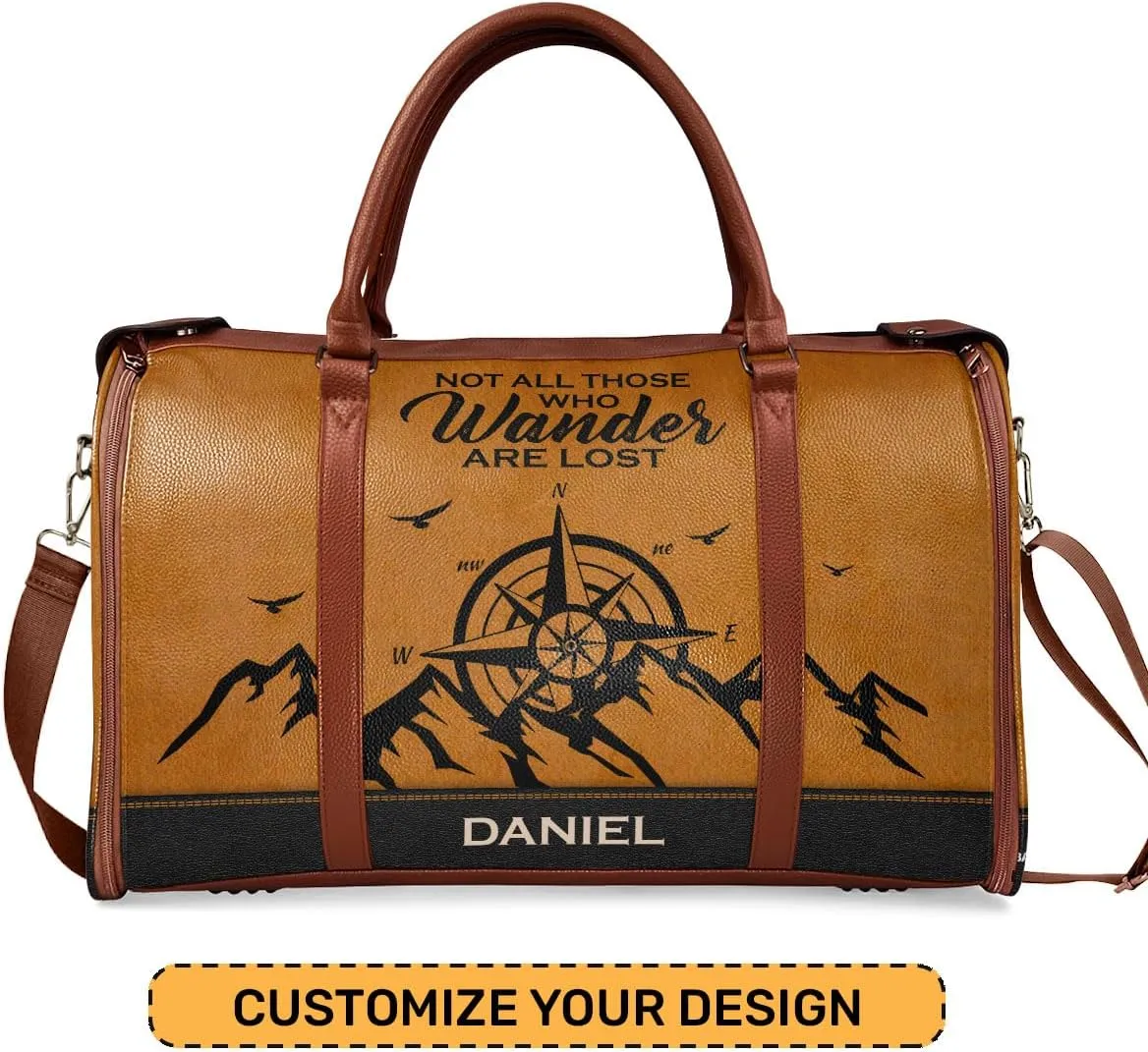Travel Duffle Bag - Personalized Leather Foldable Travel Bag First Bump, Gifts For Dad, Mom On Father's Day, Christmas, Birthday (Fabric, Not All Those Who Wander Are Lost Brown)