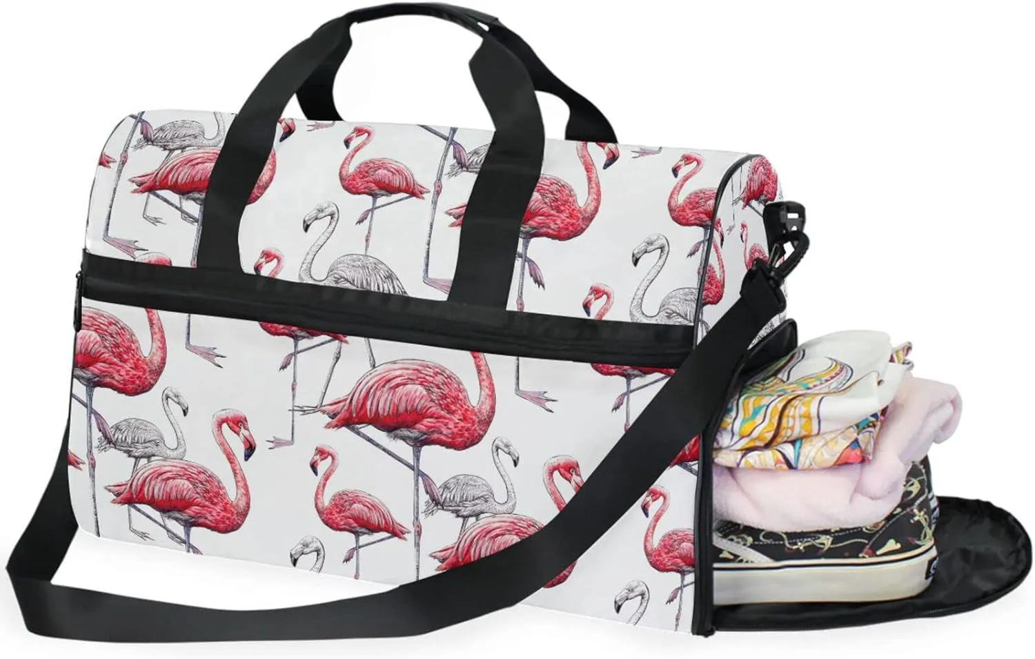 Travel Duffle Bag, Pink Flamingo Bird Weekender Bags Large Sport Gym Bag with Shoe Compartment