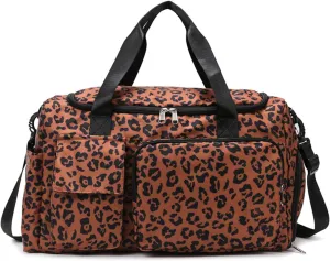 Travel Duffle Bag,Weekender Bags for Women Men with Shoe Compartment,with Wet Pocket,Weekender Overnight Bag Animal pattern leopard for Travel,Trip, Gym,Yoga (Brown)