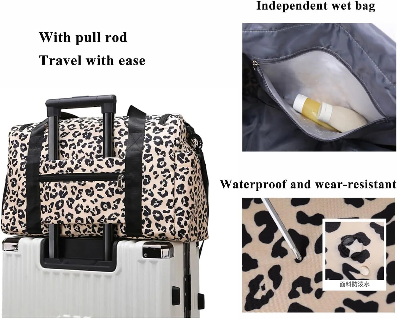 Travel Duffle Bag,Weekender Bags for Women Men with Shoe Compartment,with Wet Pocket,Weekender Overnight Bag Animal pattern leopard for Travel,Trip, Gym,Yoga (Brown)