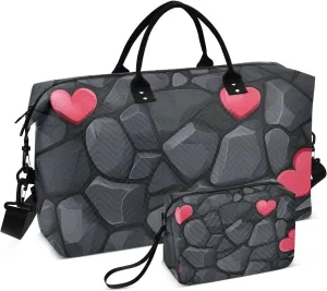 Travel Hand Bag Carry on Bag Travel Tote Gym Bag with Adjustable Strap for Trekking Multifunctional Black Stone Texture Valentine's Day