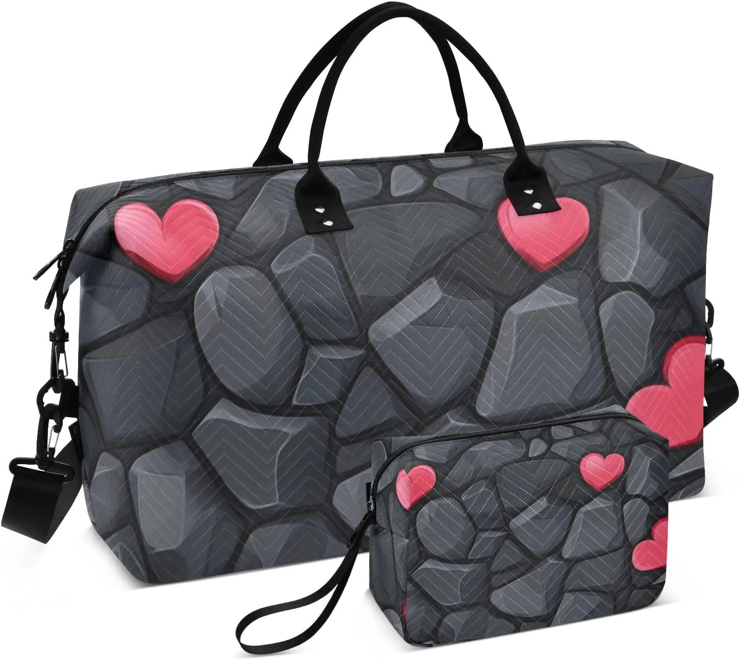 Travel Hand Bag Carry on Bag Travel Tote Gym Bag with Adjustable Strap for Trekking Multifunctional Black Stone Texture Valentine's Day