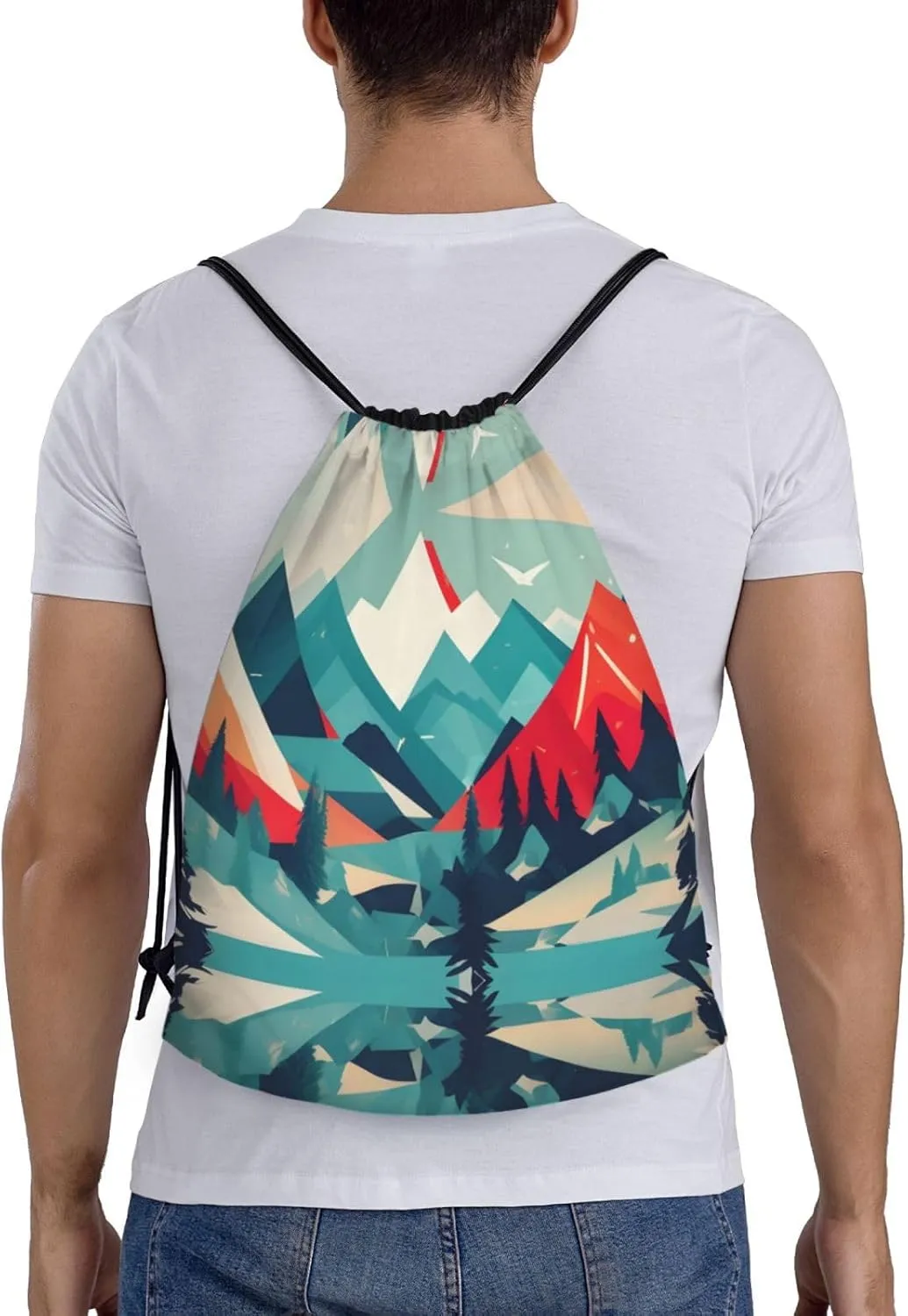 Travel Mountain Scenery print Drawstring Backpack Bags Sack Cinch Tote Sport Storage Polyester Bag for Gym Traveling