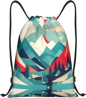 Travel Mountain Scenery print Drawstring Backpack Bags Sack Cinch Tote Sport Storage Polyester Bag for Gym Traveling