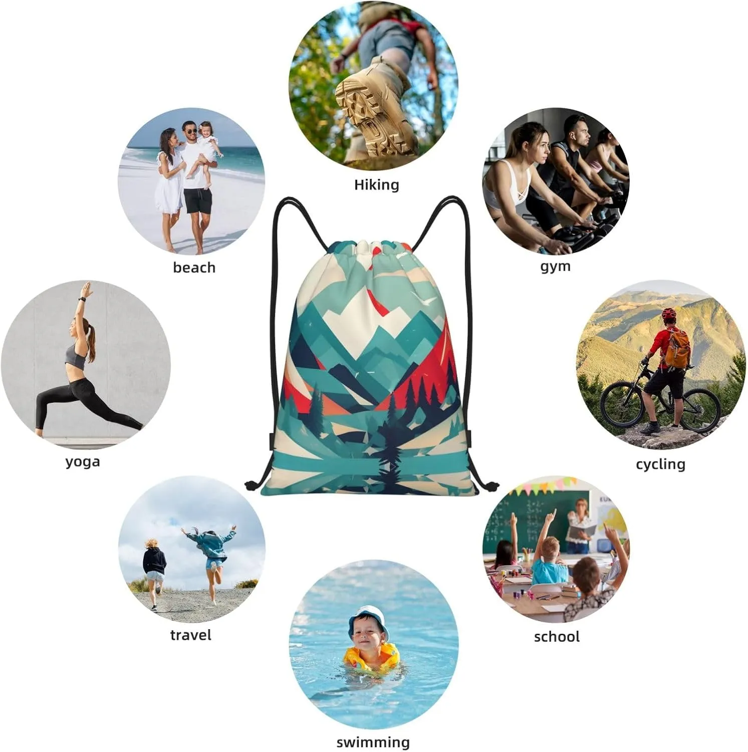 Travel Mountain Scenery print Drawstring Backpack Bags Sack Cinch Tote Sport Storage Polyester Bag for Gym Traveling