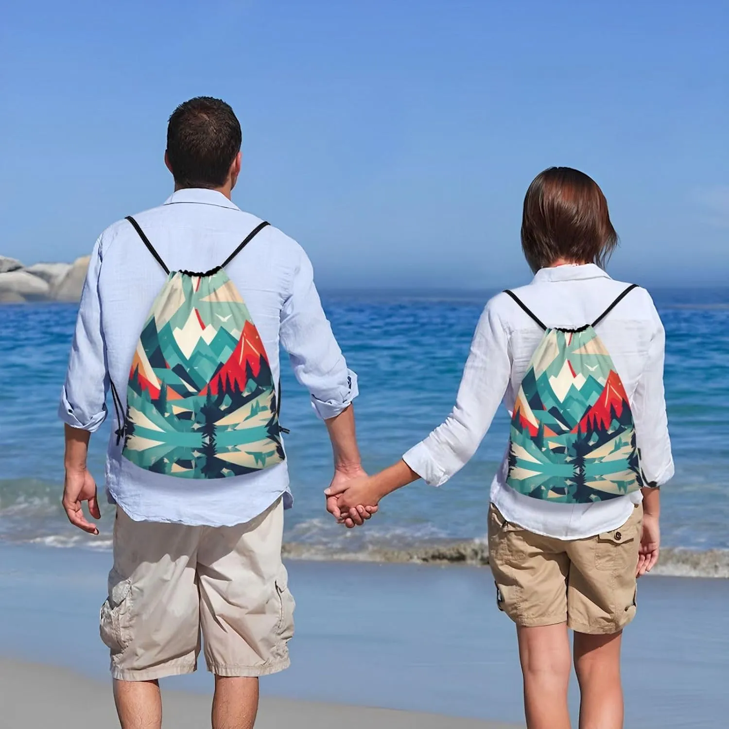 Travel Mountain Scenery print Drawstring Backpack Bags Sack Cinch Tote Sport Storage Polyester Bag for Gym Traveling