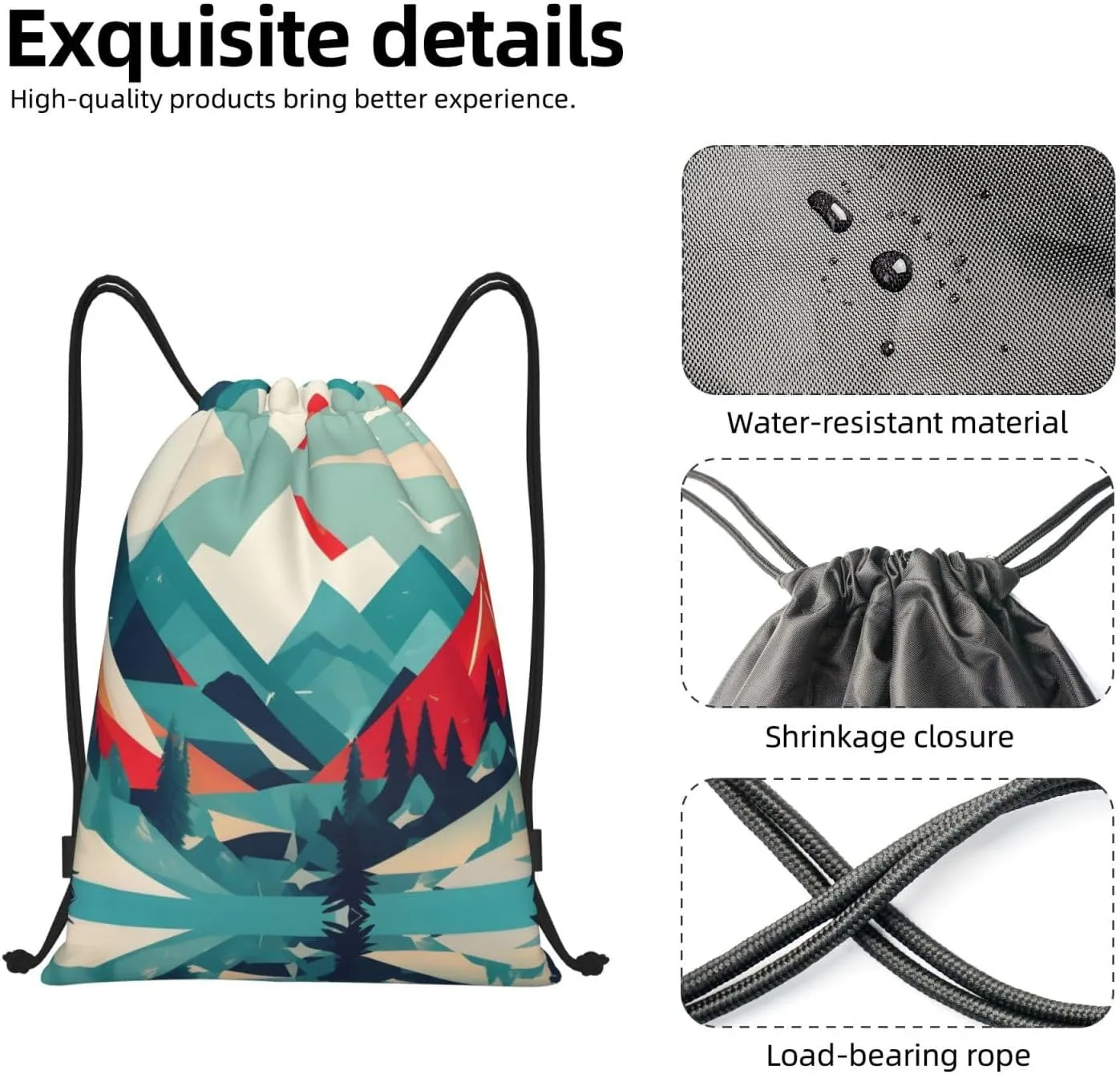 Travel Mountain Scenery print Drawstring Backpack Bags Sack Cinch Tote Sport Storage Polyester Bag for Gym Traveling