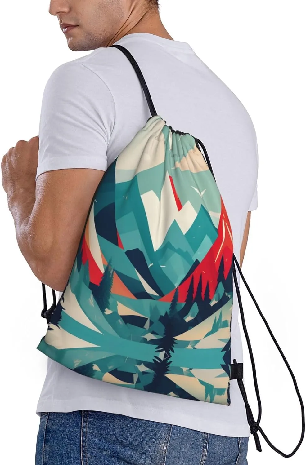 Travel Mountain Scenery print Drawstring Backpack Bags Sack Cinch Tote Sport Storage Polyester Bag for Gym Traveling